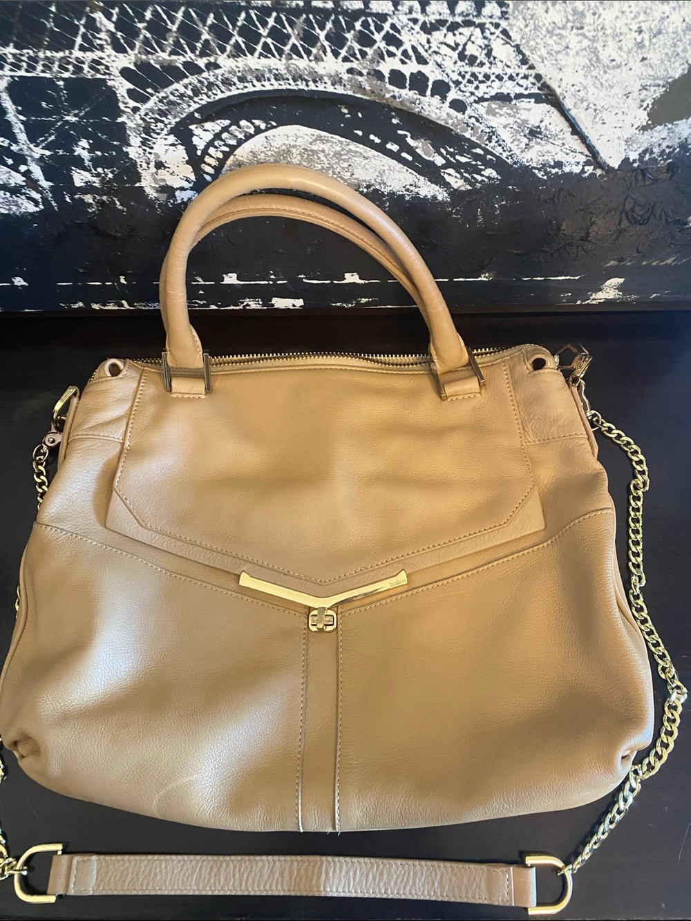 Authentic Botkier Women's Tan Leather Satchel Handbag with Gold Accents
